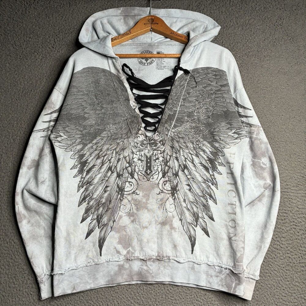 Vtg Y2K Affliction Hoodie Women's Large Blue Wings Lace-Up Sweatshirt Goth MMA